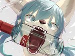 alcohol anthro beverage blue_eyes blue_hair bottle brown_nose chromatic_aberration container cross-eyed fangs fur glass hair kemono long_hair male male_anthro object_in_mouth open_mouth pupils sharp_teeth slit_pupils solo teeth tongue vodka white_body white_fur eipon_tarou smirnoff canid canine canis mammal wolf 2021 digital_media_(artwork) headshot_portrait portrait