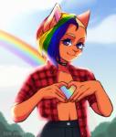 anthro blue_eyes bottomwear checked choker clothed clothing collar ear_piercing female fur gesture hair hand_heart heart_symbol jewelry lgbt_pride looking_at_viewer multicolored_hair necklace outside pants piercing plaid pride_color_hair pride_colors pride_heart rainbow rainbow_arch rainbow_hair rainbow_pride_colors shirt six-stripe_rainbow_pride_colors smile solo sparklefur topwear quo_valdis mia_dyke_(character) wolky canid canine canis domestic_cat felid feline felis mammal 2019 digital_media_(artwork)