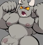 anthro balls biceps bodily_fluids erection fur genital_fluids genitals grey_body grey_fur horn male musclegut muscular muscular_anthro muscular_male nipples nude pecs penis precum red_eyes solo tusks wrestler yellow_sclera wi_tolo kings_of_hell enfer_belial bovid caprine demon goat mammal