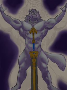 anthro body_hair chest_hair eyes_closed fangs fur grey_body grey_fur male melee_weapon muscular muscular_male nude pubes raised_arms solo standing sword teeth weapon lemonseato elden_ring fromsoftware blaidd_(elden_ring) canid canine canis mammal wolf 2022 3:4 hi_res signature