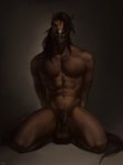 abs animal_genitalia anthro balls blue_eyes brown_balls brown_body brown_fur brown_hair brown_sheath darkened_balls darkened_genitalia darkened_sheath equine_balls fully_sheathed fur genitals hair hair_over_eye kneeling looking_at_viewer male muscular muscular_anthro muscular_male nude one_eye_obstructed pecs pose sheath smile solo b.koal ganachethehorse equid equine horse mammal equine_sheath 2022 hi_res pinup