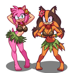 5_toes accessory alternate_costume anthro anthrofied barefoot biped black_nose blue_eyes bottomwear breasts cleavage clothed clothed_anthro clothed_female clothing coconut_bra countershade_face countershade_torso countershading duo eyelashes feet female female_anthro flower flower_in_hair flower_necklace fur grass_skirt green_eyes hair hair_accessory hands_behind_head iris navel orange_body orange_fur pink_body pink_fur plant pupils quill_hair redesign short_tail simple_background skirt small_nose snout standing tail toes white_background nyouki sega sonic_boom sonic_the_hedgehog_(series) amy_rose sticks_the_jungle_badger badger eulipotyphlan hedgehog mammal mustelid musteline 1:1