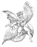 breasts claws clothing feathered_wings feathers female hair multi_breast open_mouth pawpads simple_background smile solo species_transformation transformation underwear white_background wings comictf mana_(series) square_enix flammie human mammal 2020 monochrome