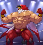 abs animal_head biceps big_muscles bottomwear bulge clothing detailed_bulge fighting_ring flexing for_a_head garou:_mark_of_the_wolves gloves handwear hi_res humanoid king_of_fighters maldu male mammal mask muscular muscular_humanoid muscular_male nipples pants pecs snk solo tizoc white_eyes wrestler wrestling