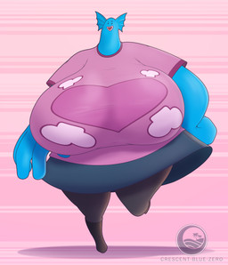 big_breasts big_hands biped blue_body blue_skin boots bottomwear breasts clothed clothing ear_fins female female_humanoid fin footwear front_view heart_symbol huge_breasts hyper hyper_breasts lips pattern_background pink_clothing pink_shirt pink_topwear raised_leg shirt shoes simple_background skirt small_head solo striped_background t-shirt thick_lips toony topwear crescent-blue-zero nickelodeon robot_and_monster aquatic fish humanoid monster absurd_res hi_res