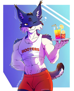 abs anthro beverage bottomwear clothing definitely_volress facial_markings food forehead_markings french fries gradient_background head_markings holding_object juice_(beverage) malcolm_felins male markings one_eye_closed orange_bottomwear orange_clothing orange_shorts shirt shorts simple_background solo tank_top topwear whiskers wink hooters felid feline lynx mammal absurd_res hi_res