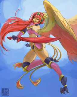 anthro armor big_wings breasts emerald_(gem) feathers female gem hair jumping long_hair medium_breasts melee_weapon non-mammal_breasts red_armor red_body red_feathers red_hair sky solo sword unconvincing_armor warrior weapon wings yellow_body yellow_feathers whitebaloo european_mythology greek_mythology mythology flara_scorchwing avian mythological_avian mythological_bird mythological_creature mythological_firebird phoenix hi_res