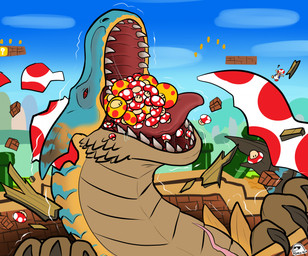 ambiguous_gender bodily_fluids body_size_growth feral fungus growth_lines macro mega_mushroom mouth_full mushroom open_mouth property_damage saliva saliva_string sharp_teeth size_transformation solo super_mushroom teeth transformation flippin-rad capcom mario_bros monster_hunter nintendo grev_(greviste) flying_wyvern tigrex toad_(mario) hi_res