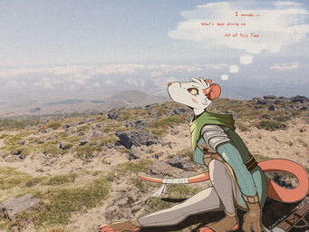 5_toes albino anthro armor blush claws clothed clothing cloud facial_scar feet female footwear fully_clothed fur gloves hair handwear notched_ear pauldron paws photo_background plant plantigrade red_eyes rock scar sheathed_sword shoes sitting sky snout snout_scar solo stirrup_footwear stirrup_shoes tail tail_wraps text thought_bubble toe_claws toes whiskers white_body white_fur white_hair wraps gompami mammal murid murine rat rodent 2026 english_text hi_res mixed_media photography_(artwork)
