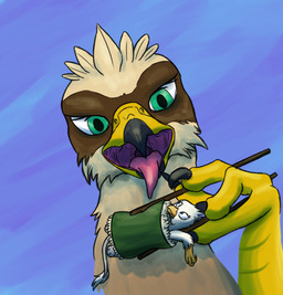 avian_feet beak brown_body duo feathered_crest feathers female female_pred feral feral_pred feral_prey food green_eyes head_crest imminent_vore larger_pred male male_prey micro open_mouth paws quadruped size_difference sushi tail tail_tuft tongue tongue_out tuft vore yellow_body doesnotexist gyrotech mythology der serilde avian gryphon mythological_avian mythological_creature digital_media_(artwork) hi_res