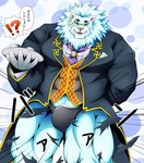 abs anthro big_muscles big_pecs black_tie_(suit) bulge clothing container cup eyewear fur male monocle muscular muscular_anthro muscular_male pecs solo suit tea_cup text torn_clothing underwear white_body white_fur chocobo4869 chocobo_(pixiv) lifewonders tokyo_afterschool_summoners snow_(tas) felid lion mammal pantherine japanese_text