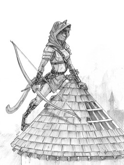 4_toes anthro armor arrow_(weapon) bow_(weapon) bracers breasts building claws clothed clothing feet female fur hair hindpaw hood melee_weapon paws quiver_(object) ranged_weapon roof_shingle rooftop shingles solo sword tail toe_claws toes tower vambrace weapon baron_engel dungeons_and_dragons hasbro wizards_of_the_coast felid mammal tabaxi 2023 graphite_(artwork) greyscale hi_res monochrome signature traditional_media_(artwork)
