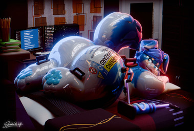 air_pump anthro bed bedroom belly big_belly big_butt blue_body blue_eyes butt feet foot_focus furniture glistening glistening_body huge_belly huge_butt inflatable looking_at_viewer male pawpads paws pool_toy presenting solo suddenwolf sudden_(suddenwolf) animate_inanimate canid canine canis living_inflatable mammal regulus_(species) wolf absurd_res hi_res