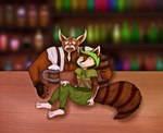 alcohol anthro bar beverage blue_eyes blush blush_lines brown_body brown_fur clothing duo eyes_closed female feral fur furniture green_clothing inner_ear_fluff male multicolored_body pink_nose smile table tail tuft two_tone_tail white_clothing skbld dota valve hoodwink_(dota) mangix_the_brewmaster absurd_res hi_res