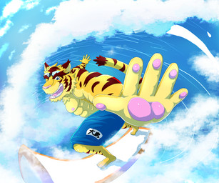 abs anthro big_wave clothing detailed_background eyewear fur goggles male muscular muscular_male nipples pawpads pink_nipples pink_nose pink_pawpads pink_tongue sky solo striped_body striped_fur stripes surfboard surfer surfing swimming_goggles swimwear text tongue wave wo morenatsu torahiko_ooshima felid mammal pantherine tiger 2023 japanese_text