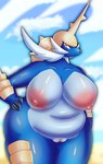 anthro belly big_breasts blue_body breasts clothing female fur genitals headgear headwear huge_breasts humanoid_genitalia humanoid_pussy orange_eyes pussy slightly_chubby slightly_chubby_anthro slightly_chubby_female solo standing whiskers white_body white_fur parassite nintendo pokemon generation_5_pokemon pokemon_(species) samurott absurd_res hi_res
