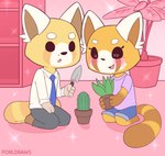 anthro blush cactus clothed clothing duo female male male/female necktie plant plant_pot potted_plant porldraws aggretsuko sanrio resasuke retsuko ailurid mammal red_panda absurd_res hi_res