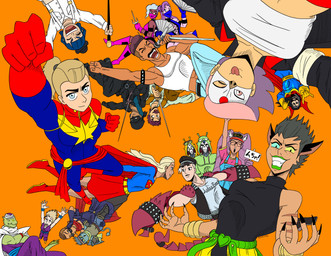 armband blonde_hair blue_eyes cosplay crossover_cosplay eyes_closed eyewear fangs female fist flying glasses green_lips green_lipstick group hair holidays lips lipstick long_hair looking_at_viewer makeup male melee_weapon mouth_closed open_mouth orange_background pink_eyes purple_hair sai_(weapon) simple_background spiked_armband spikes sword teeth text tongue tongue_out twintails_(hairstyle) weapon thebestcomicking a_clockwork_orange dc_comics doctor_strange_(series) dragon_ball dragon_ball_z halloween jojo's_bizarre_adventure marvel masters_of_the_universe mattel netflix she-ra_(copyright) she-ra_and_the_princesses_of_power the_princess_bride adora_(spop) alex_delarge arale_norimaki catra_(she-ra) dio_brando doctor_strange entrapta_(she-ra) freddie_mercury frosta_(she-ra) gohan hordak_(she-ra) inigo_montoya katana_(dc) kitana kyle_(she-ra) lonnie_(she-ra) mermista_(she-ra) mileena netossa_(she-ra) piccolo rogelio_(she-ra) scorpia_(she-ra) sea_hawk_(she-ra) she-ra_(she-ra) spinnerella_(she-ra) supergirl tatsu_yamashiro westley_(the_princess_bride) animal_humanoid arachnid arachnid_humanoid arthropod arthropod_humanoid humanoid lizard reptile scalie scorpion_humanoid 2020 absurd_res crossover digital_drawing_(artwork) digital_media_(artwork) hi_res japanese_text signature translation_request