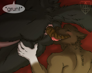 anthro balls bed bedding black_body black_fur blush brown_body brown_fur dialogue duo eating_feces enjoying_feces eyes_closed feces feces_in_ass feces_in_mouth fur furniture genitals grunting holding_balls male male/male nude nude_male onomatopoeia penis pooping scatplay sound_effects swallowing_feces_whole text toothpasta kramer_(toothpasta) mordecai_(toothpasta) canid canine canis mammal wolf english_text hi_res watermark