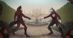 anthro boots clothing duo fight flower footwear fountain gloves handwear holding_object holding_weapon male melee_weapon plant rose_(flower) shoes shrub suit suit_jacket sword tail waterfall weapon wolf_skull kirkir canid canine canis mammal skull_wolf wolf 2020 digital_drawing_(artwork) digital_media_(artwork) hi_res signature