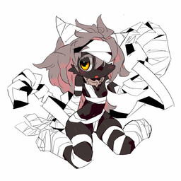anthro bandage black_body black_fur breasts female fur hair kemono long_hair looking_at_viewer nipples solo strapped yellow_eyes cotora canid canine canis domestic_dog mammal 1:1