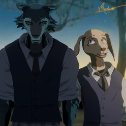 anthro clothing duo happy looking_at_another looking_at_viewer male standing uniform uniformed_male vermilionrenderworks enticia_(modeler) beastars jack_(beastars) legoshi_(beastars) bird_dog canid canine canis domestic_dog golden_retriever hunting_dog mammal retriever wolf 1:1 3d_(artwork) absurd_res digital_media_(artwork) hi_res meme signature