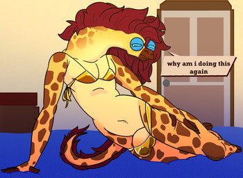 anthro bikini bulge clothing eyewear femboy genitals glasses gold_bikini long_neck male penis swimwear tall text two-piece_swimsuit inkyproduction noodle_(inkyproduction) giraffe giraffid mammal english_text hi_res