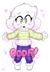 anthro blush clothing fluffy fur male onomatopoeia poof poof_effect simple_background solo sound_effects text white_body white_fur katelynntheg undertale undertale_(series) asriel_dreemurr boss_monster_(undertale) bovid caprine goat mammal 2016