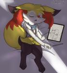 anthro bed clothing eyes_closed furniture male scarf sleeping solo tablet_computer coffeefly apple_inc. ipad nintendo pokemon cafe_(coffeefly) fan_character braixen generation_6_pokemon generation_7_pokemon lycanroc midnight_lycanroc pokemon_(species) hi_res