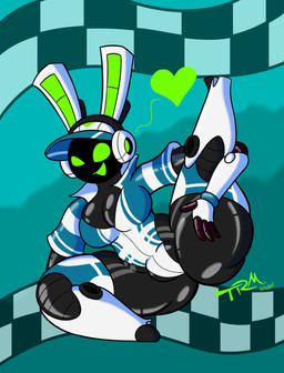 anthro big_breasts big_butt breasts butt clothed clothing electronics female footwear genitals green_eyes headgear headphones headset huge_butt huge_thighs legwear long_ears looking_at_viewer machine open_mouth pattern_clothing pattern_legwear screen smile socks solo stockings striped_clothing stripes text thick_thighs vulva wide_hips tooner_meep project_turboblast tempo_(project_turboblast) lagomorph leporid mammal rabbit robot robot_anthro 2024 absurd_res artist_name colored digital_drawing_(artwork) digital_media_(artwork) english_text hi_res portrait shaded signature