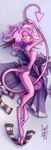 anthro black_horn breasts butt clothing coat dakimakura discarded_clothing female glowing glowing_eyes green_eyes hair hip_markings horn leg_grab leg_markings leggings legwear looking_at_viewer looking_back markings nude pink_body pink_hair pink_skin pose purple_markings short_hair slim small_breasts small_butt solo tail tail_between_legs tail_grab topwear trenchcoat david_lillie dreamkeepers namah_calah hybrid imp lizard reptile scalie 2024 absurd_res dakimakura_design hi_res