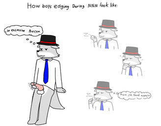 animal_genitalia animal_penis anthro bodily_fluids bottomless canine_genitalia canine_penis clothed clothing edging excessive_genital_fluids excessive_precum genital_fluids genitals hat headgear headwear knot licking_precum male masturbation necktie penile penile_masturbation penis precum precum_string shirt solo text topwear foxfreeguy no_nut_november bill_(foxfreeguy) canid canine fox mammal absurd_res english_text hi_res meme