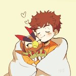 anthro beak bedding blanket brown_body brown_feathers brown_hair cuddling duo eyes_closed feathers hair heart_symbol male smile mofumi_corvus bandai_namco digimon digimon_survive falcomon_(survive) minoru_hyuga digimon_(species) falcomon human mammal 1:1 hi_res