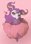 black_eyes closed_smile deviantart_logo female feral front_view fur head_tuft mouth_closed pink_body pink_fur pupils purple_body purple_fur red_pupils red_sclera semi-anthro simple_background smile solo tuft milk-jug deviantart nintendo pokemon aromatisse generation_6_pokemon pokemon_(species) full-length_portrait hi_res portrait watermark