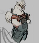 anthro beak beak_piercing clothed clothing eyewear facial_piercing feathered_wings feathers female fully_clothed furgonomics furry-specific_piercing glasses overalls piercing slightly_chubby smile solo white_body wings velow avian bird columbid pigeon