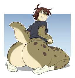 anthro big_butt brown_hair butt clothed clothing clothing_pull feet femboy footwear gradient gradient_background hair huge_butt kneeling looking_back male obese obese_anthro obese_male overweight overweight_anthro overweight_male partially_clothed shirt simple_background skimpy smile socks solo spots thick_thighs thong topwear underwear analon_(artist) analon_(character) dinosaur lizard prehistoric_species reptile scalie