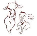 2_horns anthro areola blush bottom_heavy breasts clothed clothing coat duo female fur hat headgear headwear horn huge_hips looking_at_viewer medium_breasts open_clothing open_coat open_topwear overalls overalls_only panties scut_tail short_tail sitting small_breasts smile standing tail text topwear underwear wide_hips yattermang nan_quest anna_(nq) nan_(nq) bovid caprine goat lagomorph leporid mammal rabbit 2010 english_text