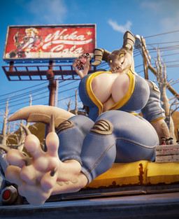 2_horns anthro big_breasts bottle breasts clothed clothing container day feet female foot_focus horn huge_breasts jumpsuit light low-angle_view nuka-cola outside soda_bottle solo sunlight tail thick_thighs vault_suit wide_hips yellow_eyes nitenight vulgarvictor_(modeler) fallout microsoft mommyclaw_(vulgarvictor) deathclaw scalie 3d_(artwork) absurd_res digital_media_(artwork) hi_res