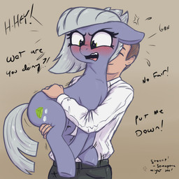 angry biped blush cutie_mark dialogue duo eyelashes female feral floppy_ears flustered grey_hair grey_tail grumpy hair holding_another open_mouth quadruped simple_background tail tan_background text t72b friendship_is_magic hasbro my_little_pony limestone_pie_(mlp) earth_pony equid equine horse human mammal pony 1:1 2022 absurd_res digital_drawing_(artwork) digital_media_(artwork) english_text hi_res