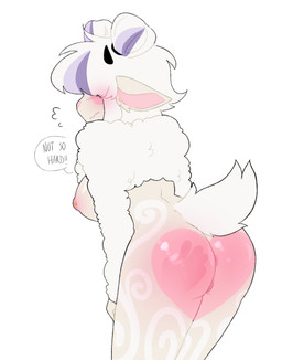 anthro areola black_speech_bubble black_text blush bodily_fluids breasts butt emanata female fur genitals gold_piercing heart_(marking) markings nipple_piercing nipples nude nude_anthro nude_female piercing pink_areola pink_butt pink_inner_ear pink_nipples pink_nose shaved_butt shaved_chest slap_mark solo sweat sweatdrop text vulva white_body white_breasts white_butt white_ears white_face white_fur white_hands white_wool wool_(fur) pomfishee bovid caprine mammal sheep 2026 colored digital_drawing_(artwork) digital_media_(artwork) english_text hi_res