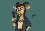 anthro brown_horn clothed clothing confident_expression eyewear facial_hair glasses goat_ears hair hammer horn jacket jewelry male medallion open_clothing open_jacket open_topwear shirt short_hair tank_top tools toony topwear upper_body white_clothing white_shirt white_tank_top white_topwear darkalcaline bbnomoney_(music) bbnomoney_(character) bovid caprine goat mammal absurd_res hi_res