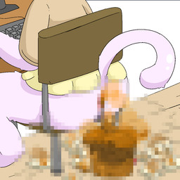 ambiguous_gender anthro anus bottomless brown_clothing bucket butt chair clothed clothing computer_keyboard computer_monitor container desk excessive_feces feces fur furniture on_chair partially_clothed pink_body pink_fur pink_tail pooping raised_tail rear_view simple_background sitting sitting_on_chair smelly solo stink_fumes table tail toilet_paper trash x-ray_view yellow_clothing toilet_paper_(pixiv) felid feline mammal 1:1 2026 censored digital_media_(artwork) mosaic_censorship
