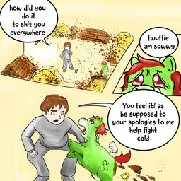 ambiguous_gender baby_talk bottomwear clothing dialogue feces female feral footwear fur green_body green_fur group hair hay hoodie log male pants pooping profanity red_eyes red_hair shoes simple_background text topwear white_body white_fur wings wood yellow_body yellow_fur young young_ambiguous young_feral inshi_(artist) fluffy_pony mythology equid equine fluffy_pony_(species) human mammal mythological_creature mythological_equine pegasus 1:1 absurd_res english_text hi_res mother_(lore) mother_and_child_(lore) parent_(lore) parent_and_child_(lore)