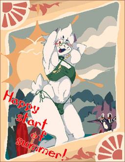 anthro bulge clothing femboy male solo summer swimwear topwear li_mol deltarune undertale_(series) ralsei bovid caprine goat mammal absurd_res digital_media_(artwork) hi_res pixel_(artwork)