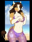 anthro beach bikini blue_eyes breasts brown_hair bulge clothing gynomorph hair horn intersex navel seaside solo swimwear translucent translucent_clothing two-piece_swimsuit porin amy_(lcut) bovid bovine cattle mammal 2019 alpha_channel digital_media_(artwork) hi_res shaded signature