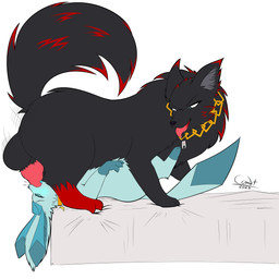 69_position animal_genitalia animal_penis balls bed big_balls big_butt black_body black_fur blue_blush blue_body blue_eyes blue_fur blue_pawpads blue_tongue blush butt canine_genitalia canine_penis chain collar deep_throat duo fellatio feral fluffy fluffy_tail fur furniture genitals gold_(metal) gold_chain grey_body grey_fur knot leg_markings looking_back lying male male/male male_on_bottom male_on_top markings on_back on_bed on_bottom on_top open_mouth oral oral_penetration pawpads penetration penile penis sex sheath simple_background size_difference socks_(marking) tail tongue white_background cyber_comet nintendo pokemon artyom_(thebonemaker) black_the_wolf canid canine canis eeveelution generation_4_pokemon glaceon mammal pokemon_(species) wolf 1:1 absurd_res hi_res