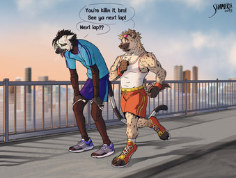 anthro bodily_fluids bottomwear city city_background clothing duo footwear gloves hair handwear male markings open-toed_sneakers running scar shirt shoes shorts sleeveless_shirt smile smiling_at_another sneakers sportswear spots spotted_body sweat tail tank_top text tired topwear shamerli hyena lemur mammal primate ring-tailed_lemur spotted_hyena strepsirrhine 2025 english_text hi_res