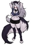 anthro big_breasts breasts casual_exposure claws clothed clothing female fluffy fluffy_tail fur grey_hair hair nipples partially_clothed simple_background solo standing tail thick_thighs white_body white_fur cursedanchovy helluva_boss mythology loona_(helluva_boss) canid canid_demon canine demon hellhound mammal mythological_canine mythological_creature hi_res