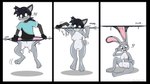 anthro biped black_background black_body black_ear_tips black_fur black_hair black_markings black_nose bottomless breasts buckteeth clenched_teeth clothed clothing confusion countershade_face countershade_feet countershade_neck countershade_tail countershade_torso countershading dipstick_ears ear_markings facial_markings feet female fur gender_transformation genitals goo_drip goo_transformation green_eyes grey_body grey_fur hair hand_on_own_breast head_markings interrobang looking_down_at_self markings mask_(marking) motion_lines multicolored_ears navel nipples onomatopoeia open_mouth pink_inner_ear pink_nose purple_eyes pussy simple_background sitting sitting_on_ground solo sound_effects species_transformation spread_legs spreading suit_transformation tail teeth text tf_into_fictional_character topwear transformation transformation_ring white_background white_body white_countershading white_markings year fox0808 disney zootopia judy_hopps tecurai_(yukivaneller) mammal procyonid raccoon 2024 artist_name colored english_text hi_res shaded story story_in_description