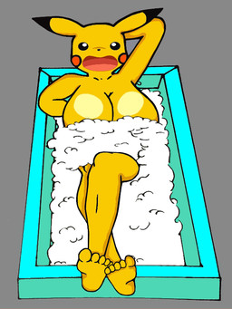 1000_hours_in_ms_paint 5_toes anthro anthrofied bath bathroom bathtub big_breasts breasts covering covering_breasts covering_self crossed_legs feet female foam foot_focus fur humanoid_feet looking_at_viewer open_mouth partially_submerged paws plantigrade pokemorph scared simple_background soles solo toes water yellow_body yellow_fur pikachu432 nintendo pokemon generation_1_pokemon mammal pikachu pokemon_(species) rodent 3:4